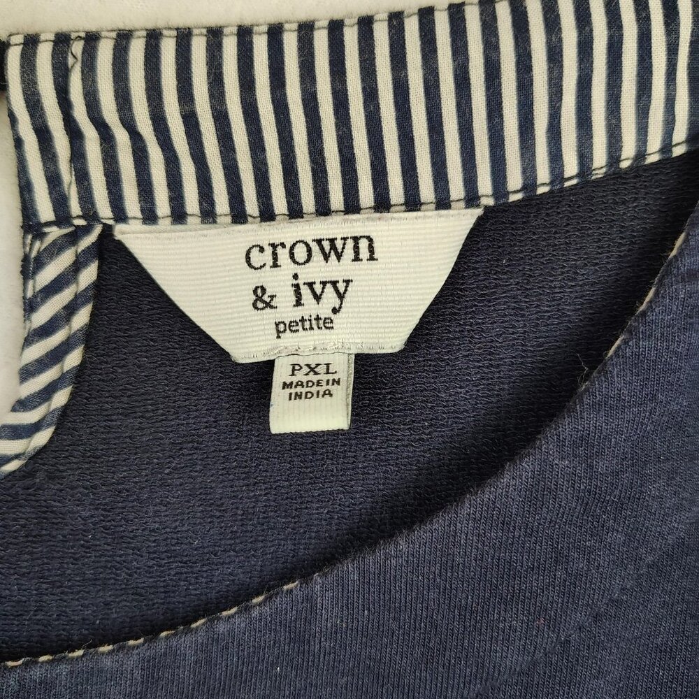 Crown & Ivy Nautical Shirt Womens Petite XL Navy Striped Ruffled - Picture 3 of 7